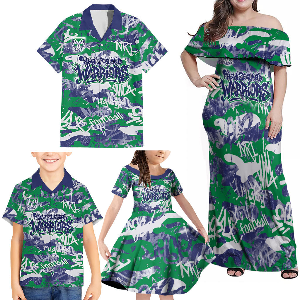 New Zealand Warriors Rugby Family Matching Off Shoulder Maxi Dress and Hawaiian Shirt Graffiti Typography Urban Camo Abstract Street Style