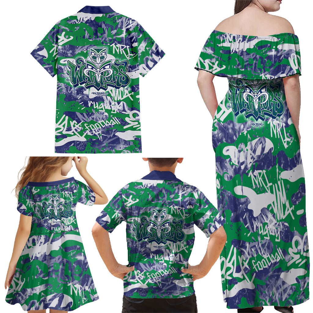 New Zealand Warriors Rugby Family Matching Off Shoulder Maxi Dress and Hawaiian Shirt Graffiti Typography Urban Camo Abstract Street Style