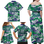 New Zealand Warriors Rugby Family Matching Off Shoulder Maxi Dress and Hawaiian Shirt Graffiti Typography Urban Camo Abstract Street Style