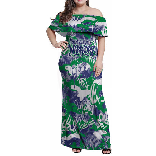 New Zealand Warriors Rugby Family Matching Off Shoulder Maxi Dress and Hawaiian Shirt Graffiti Typography Urban Camo Abstract Street Style