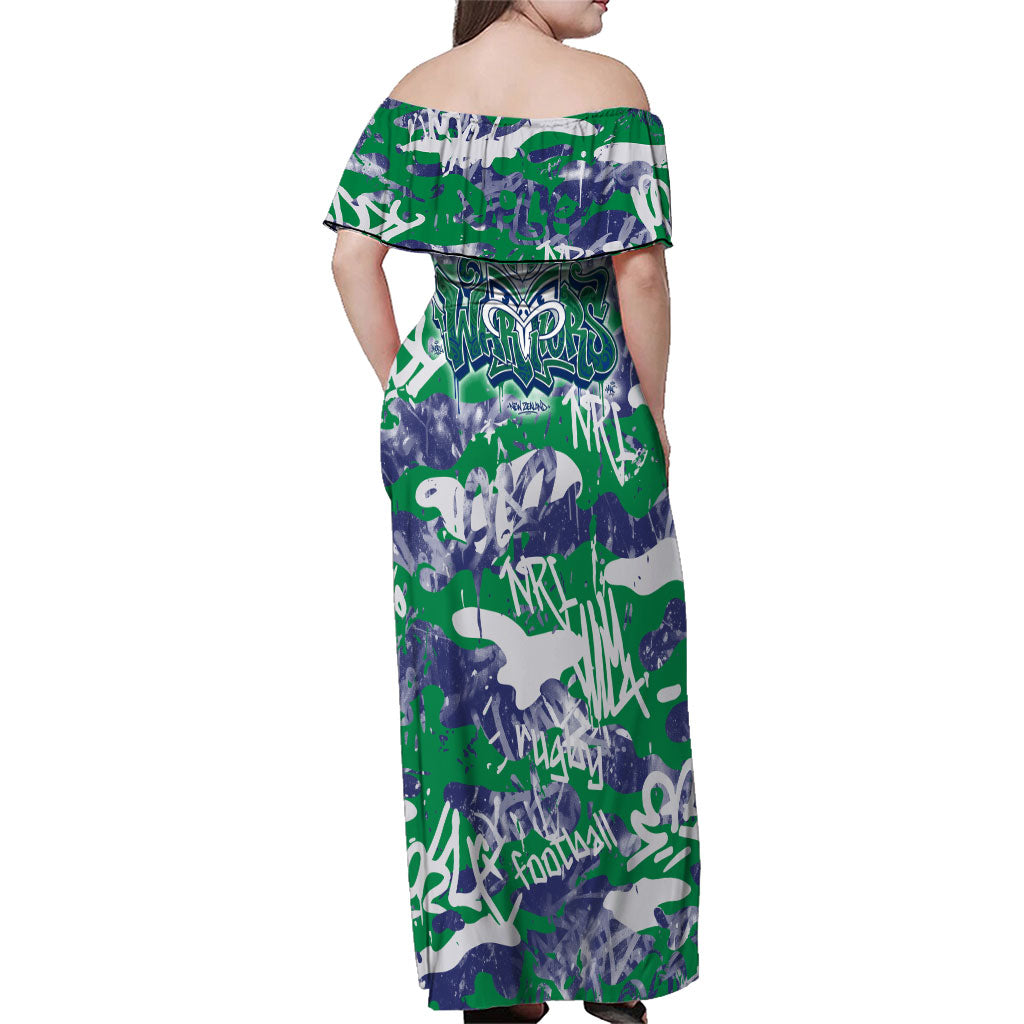 New Zealand Warriors Rugby Family Matching Off Shoulder Maxi Dress and Hawaiian Shirt Graffiti Typography Urban Camo Abstract Street Style
