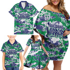 New Zealand Warriors Rugby Family Matching Off Shoulder Short Dress and Hawaiian Shirt Graffiti Typography Urban Camo Abstract Street Style