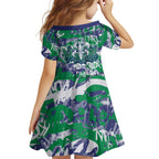 New Zealand Warriors Rugby Family Matching Off Shoulder Short Dress and Hawaiian Shirt Graffiti Typography Urban Camo Abstract Street Style
