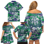 New Zealand Warriors Rugby Family Matching Off Shoulder Short Dress and Hawaiian Shirt Graffiti Typography Urban Camo Abstract Street Style