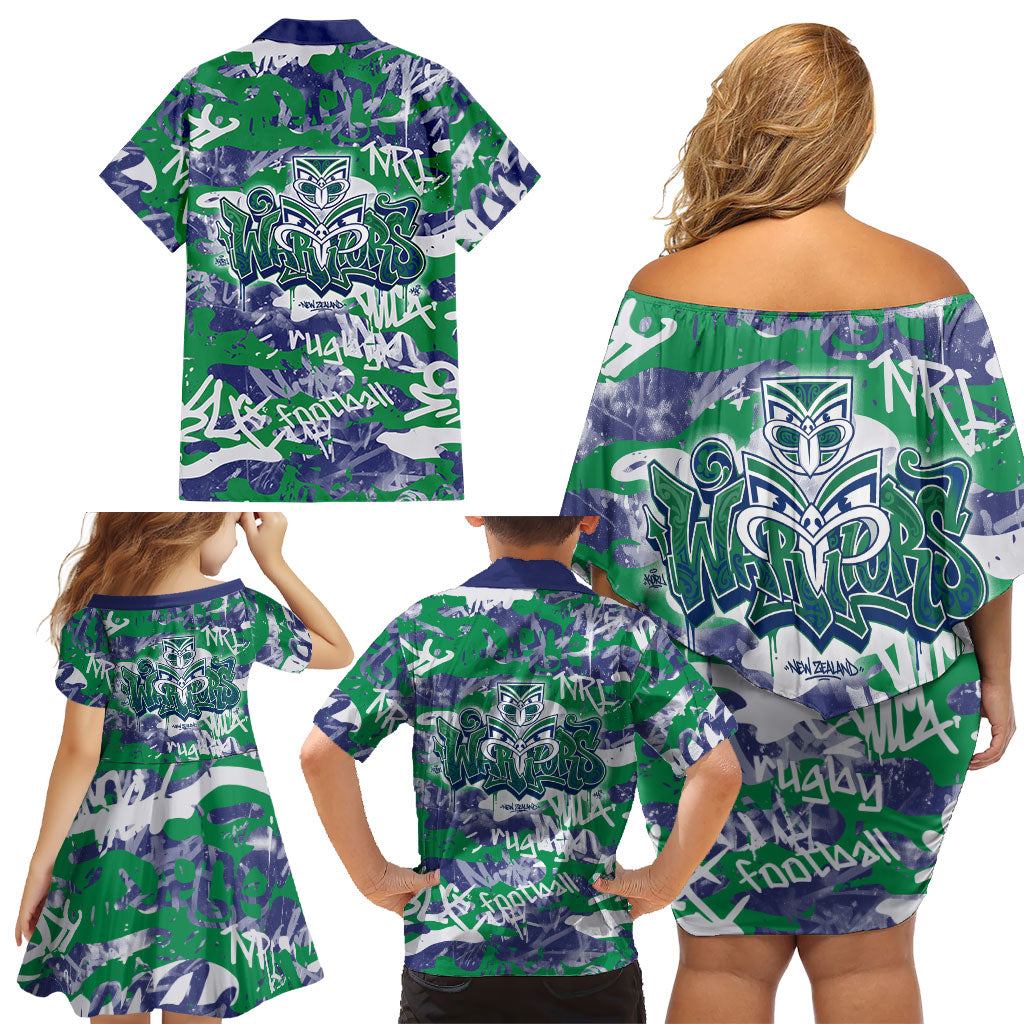 New Zealand Warriors Rugby Family Matching Off Shoulder Short Dress and Hawaiian Shirt Graffiti Typography Urban Camo Abstract Street Style
