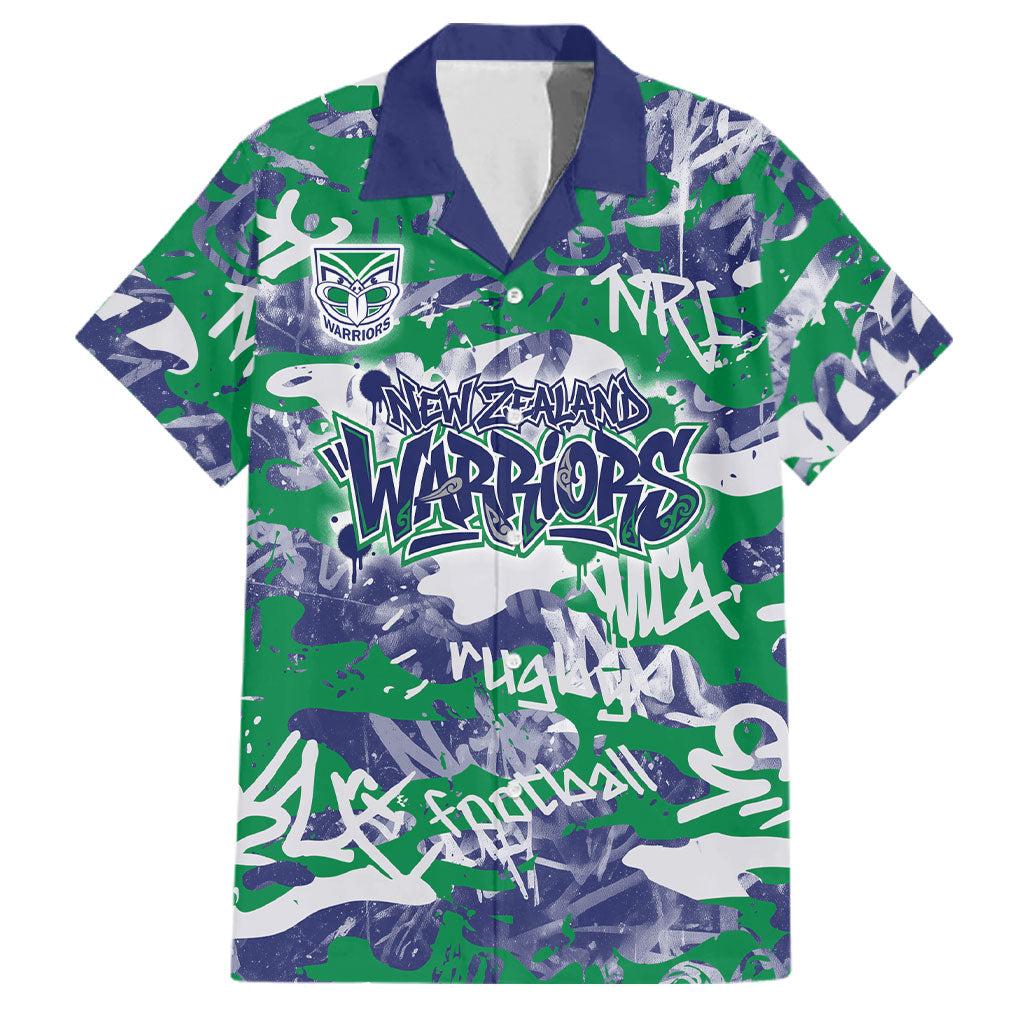 New Zealand Warriors Rugby Family Matching Off Shoulder Short Dress and Hawaiian Shirt Graffiti Typography Urban Camo Abstract Street Style
