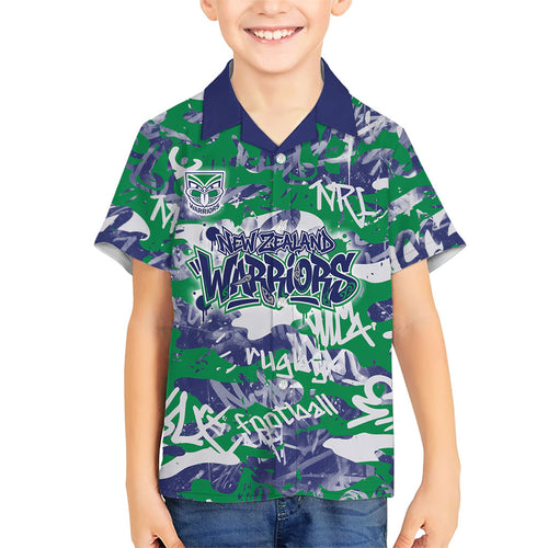 New Zealand Warriors Rugby Family Matching Off Shoulder Short Dress and Hawaiian Shirt Graffiti Typography Urban Camo Abstract Street Style