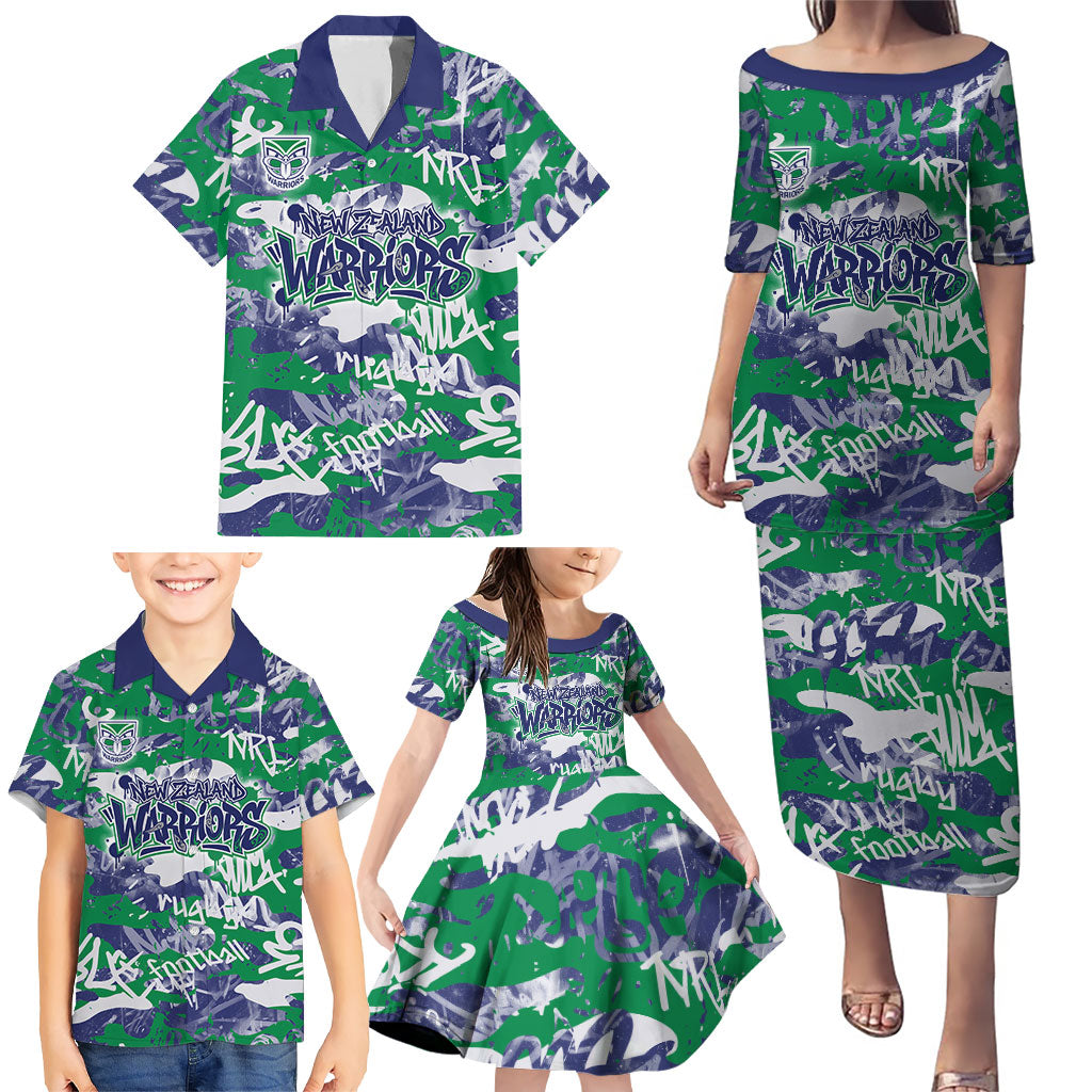 New Zealand Warriors Rugby Family Matching Puletasi and Hawaiian Shirt Graffiti Typography Urban Camo Abstract Street Style