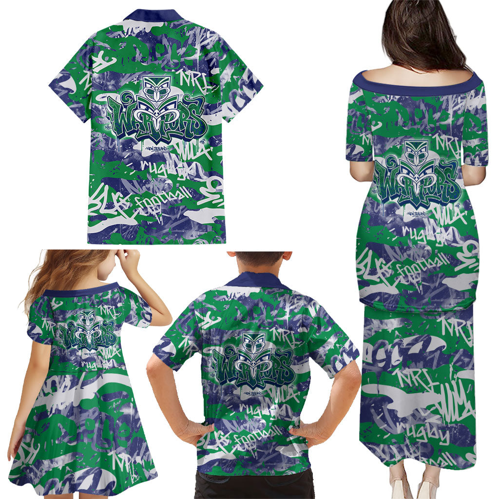 New Zealand Warriors Rugby Family Matching Puletasi and Hawaiian Shirt Graffiti Typography Urban Camo Abstract Street Style