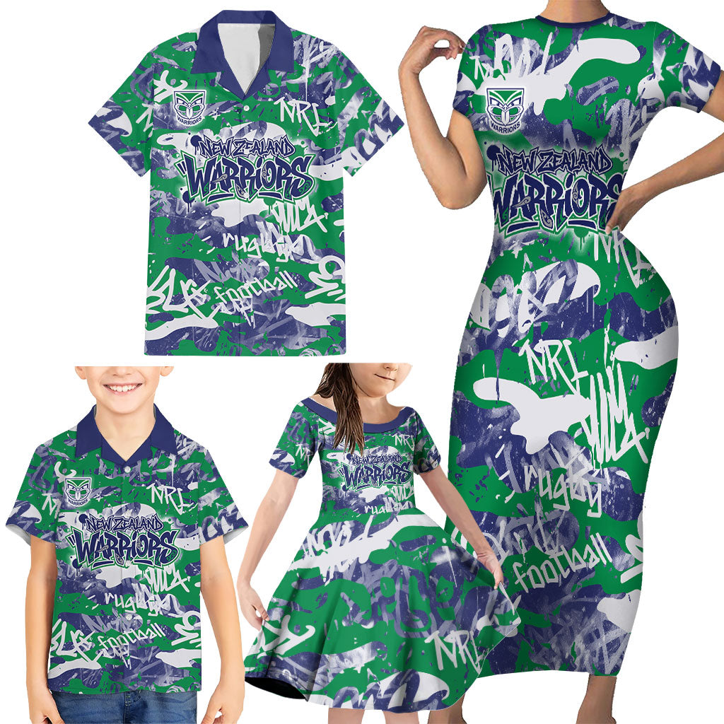 New Zealand Warriors Rugby Family Matching Short Sleeve Bodycon Dress and Hawaiian Shirt Graffiti Typography Urban Camo Abstract Street Style