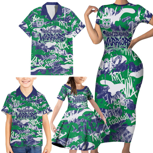 New Zealand Warriors Rugby Family Matching Short Sleeve Bodycon Dress and Hawaiian Shirt Graffiti Typography Urban Camo Abstract Street Style