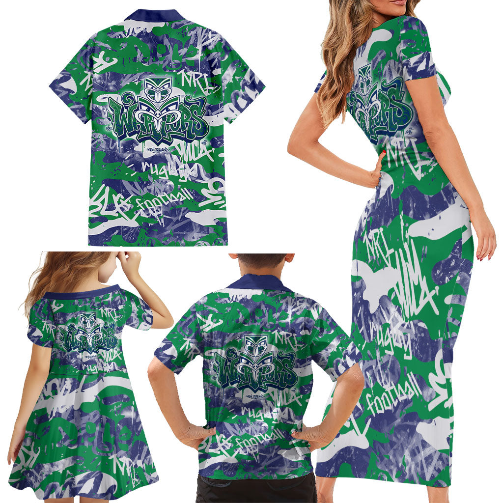 New Zealand Warriors Rugby Family Matching Short Sleeve Bodycon Dress and Hawaiian Shirt Graffiti Typography Urban Camo Abstract Street Style