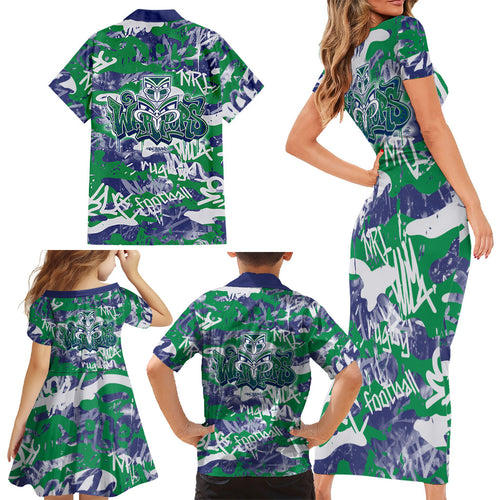 New Zealand Warriors Rugby Family Matching Short Sleeve Bodycon Dress and Hawaiian Shirt Graffiti Typography Urban Camo Abstract Street Style