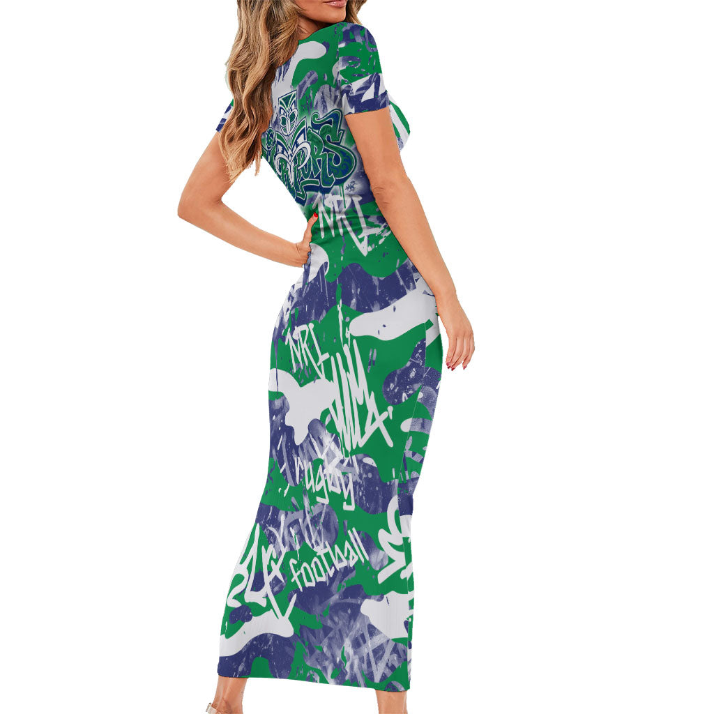 New Zealand Warriors Rugby Family Matching Short Sleeve Bodycon Dress and Hawaiian Shirt Graffiti Typography Urban Camo Abstract Street Style