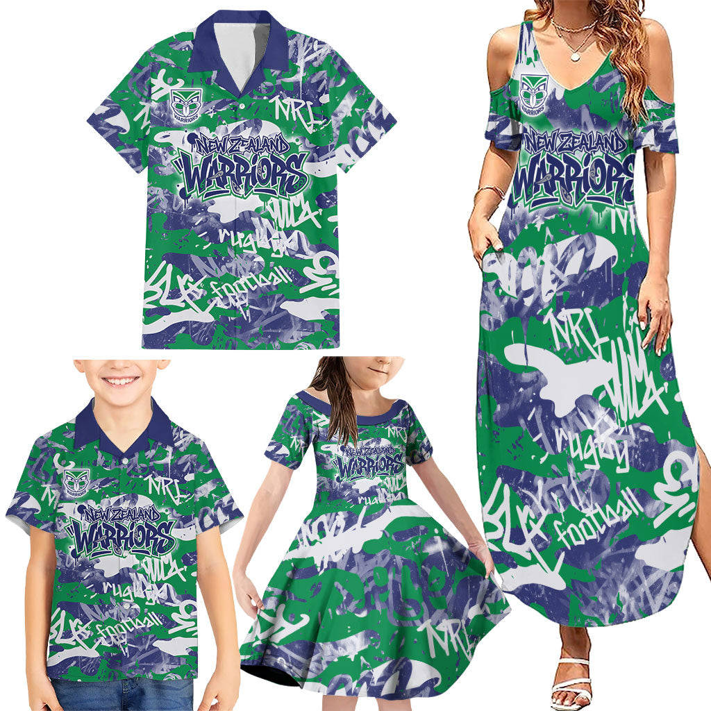 New Zealand Warriors Rugby Family Matching Summer Maxi Dress and Hawaiian Shirt Graffiti Typography Urban Camo Abstract Street Style