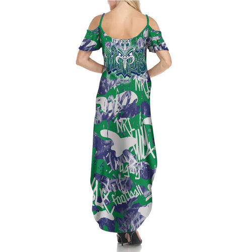 New Zealand Warriors Rugby Family Matching Summer Maxi Dress and Hawaiian Shirt Graffiti Typography Urban Camo Abstract Street Style