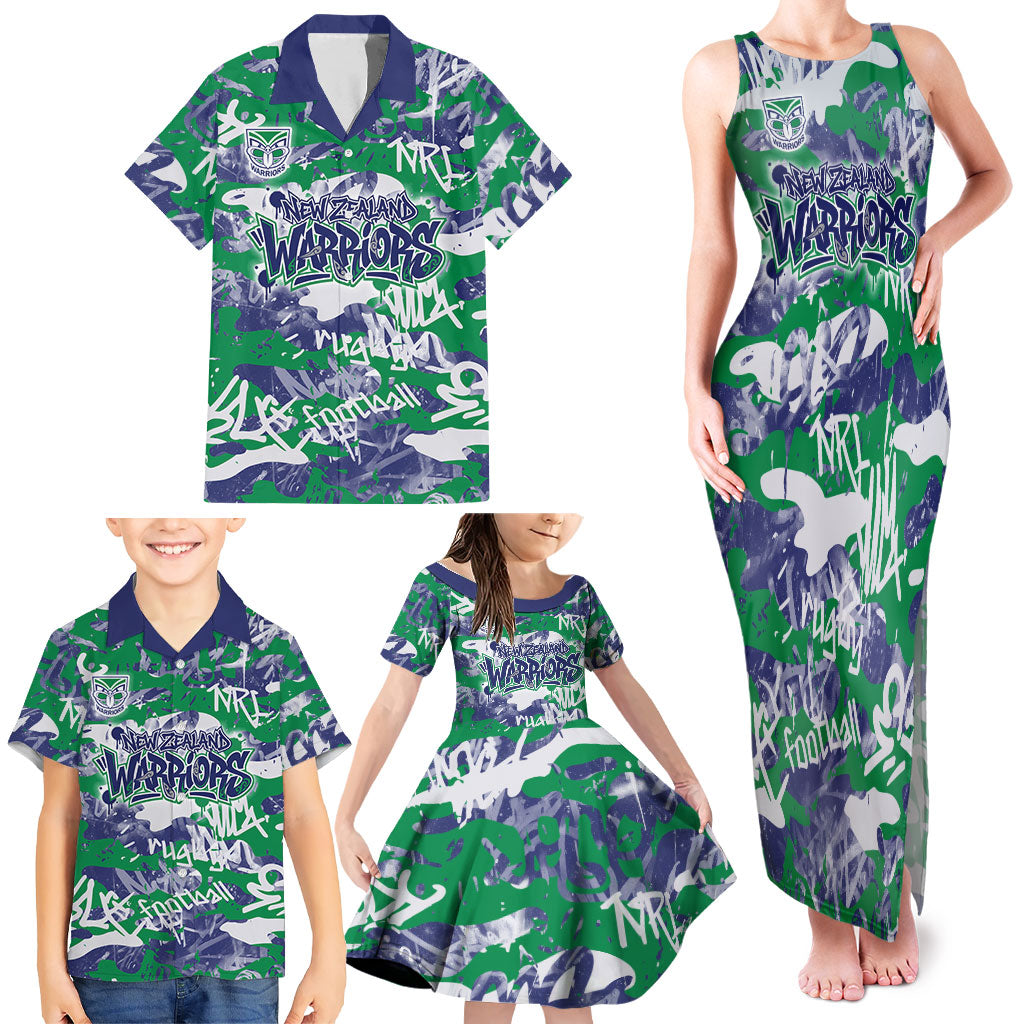 New Zealand Warriors Rugby Family Matching Tank Maxi Dress and Hawaiian Shirt Graffiti Typography Urban Camo Abstract Street Style