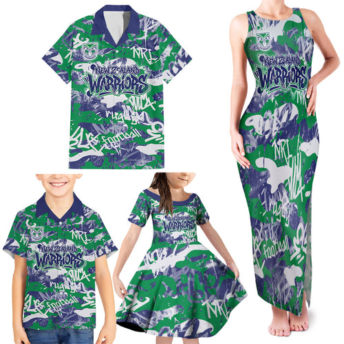 New Zealand Warriors Rugby Family Matching Tank Maxi Dress and Hawaiian Shirt Graffiti Typography Urban Camo Abstract Street Style