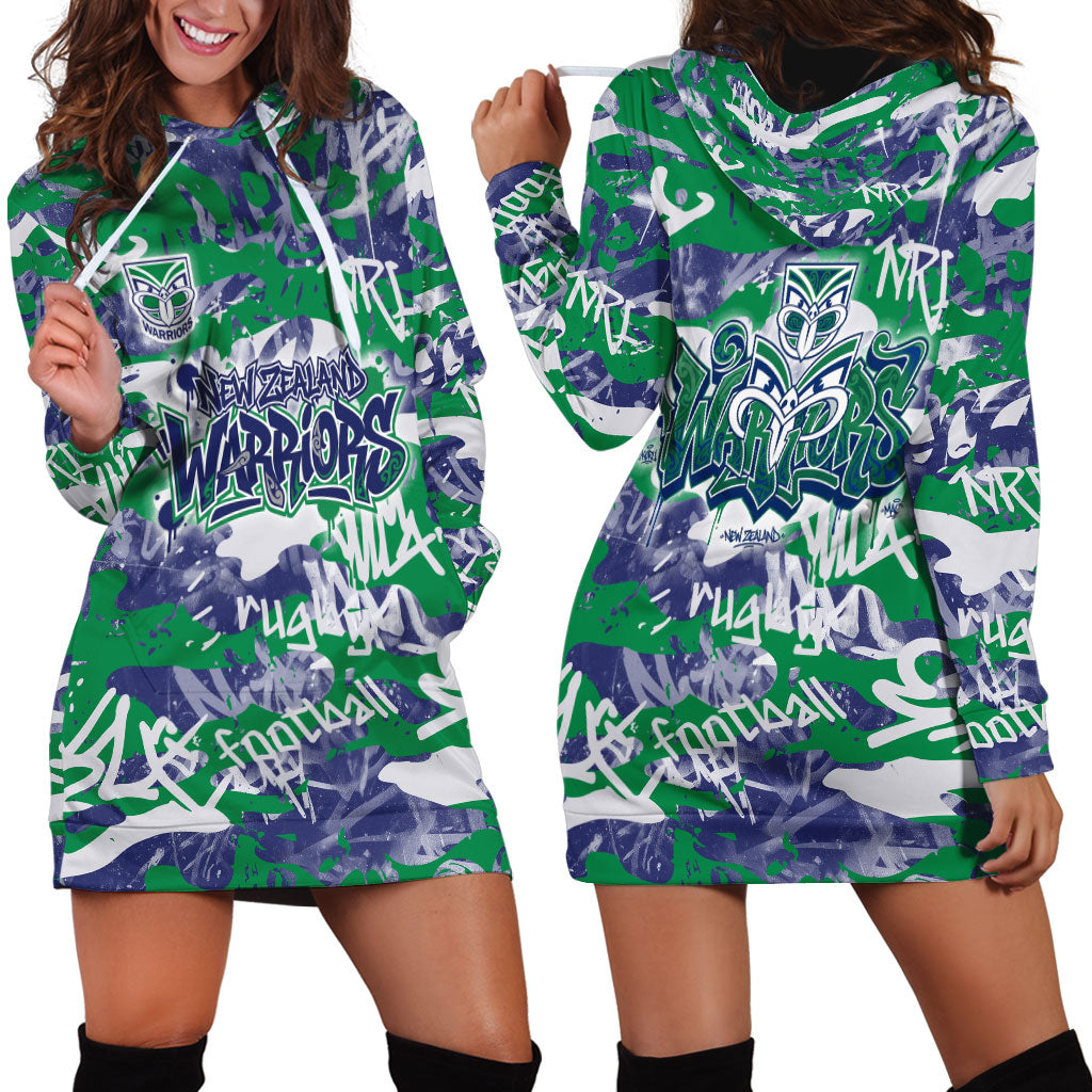 New Zealand Warriors Rugby Hoodie Dress Graffiti Typography Urban Camo Abstract Street Style