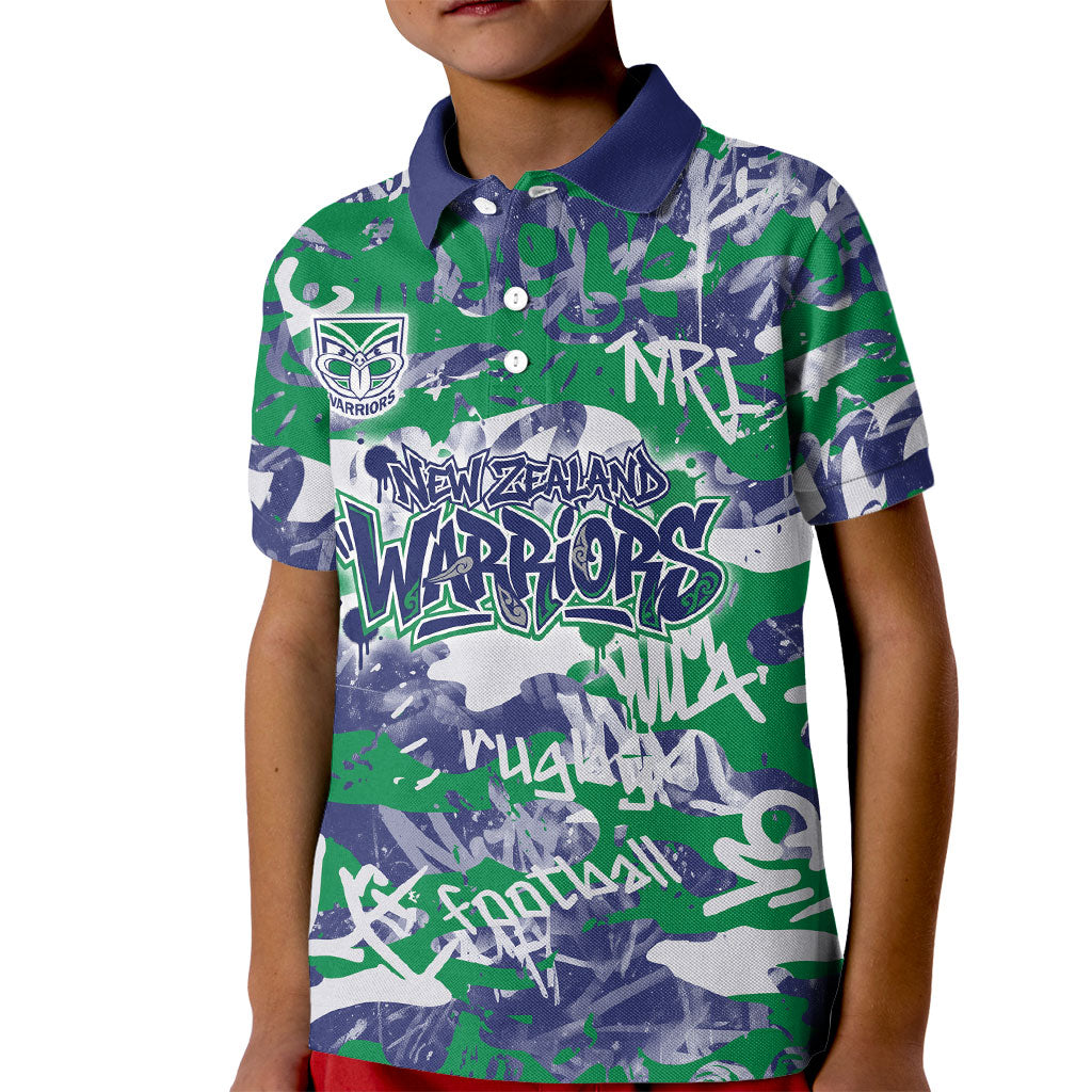 New Zealand Warriors Rugby Kid Polo Shirt Graffiti Typography Urban Camo Abstract Street Style