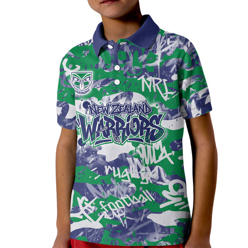 New Zealand Warriors Rugby Kid Polo Shirt Graffiti Typography Urban Camo Abstract Street Style