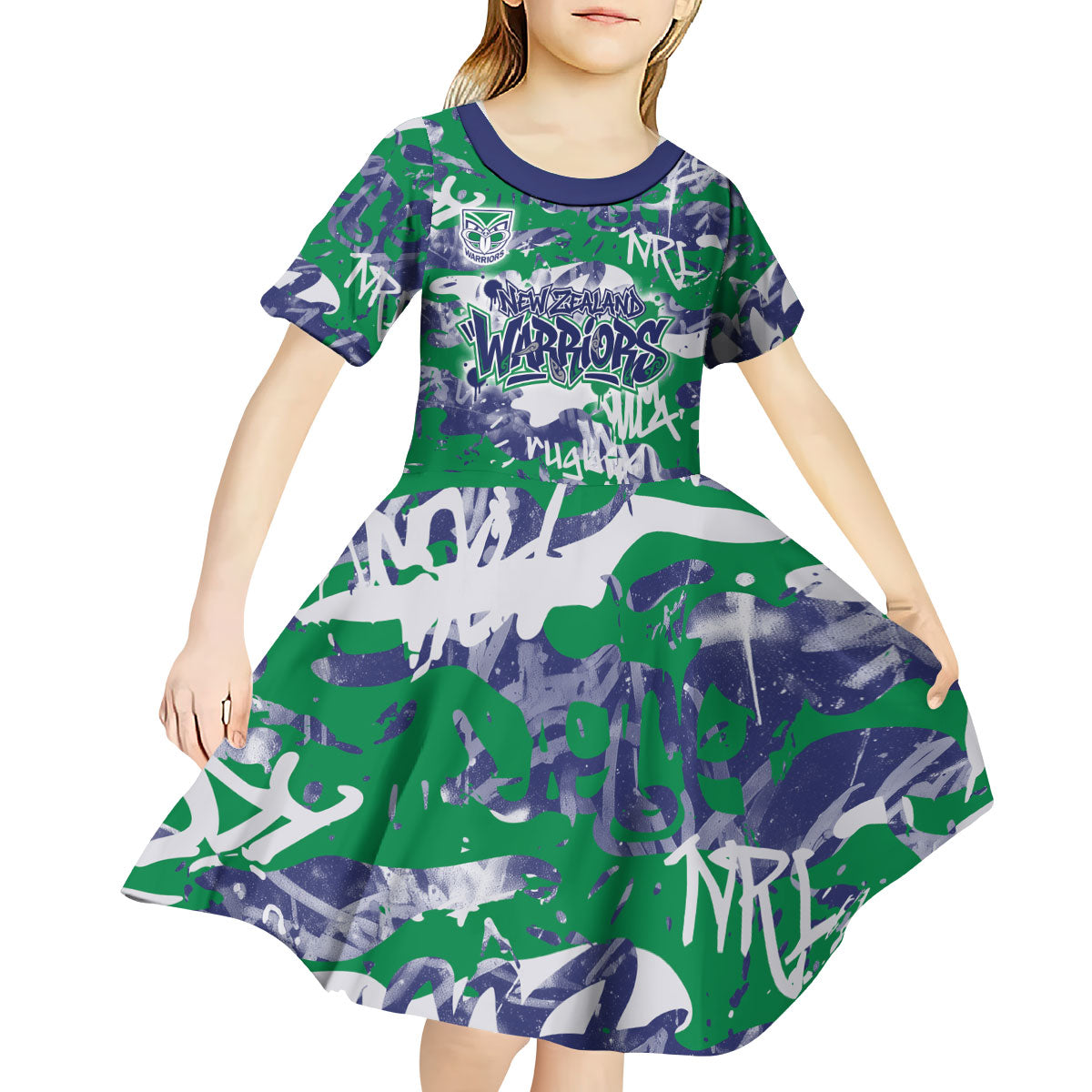 New Zealand Warriors Rugby Kid Short Sleeve Dress Graffiti Typography Urban Camo Abstract Street Style