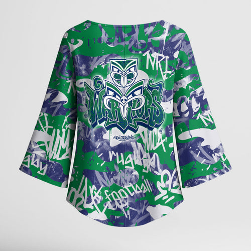 New Zealand Warriors Rugby Kimono Sleeve Blouse Graffiti Typography Urban Camo Abstract Street Style