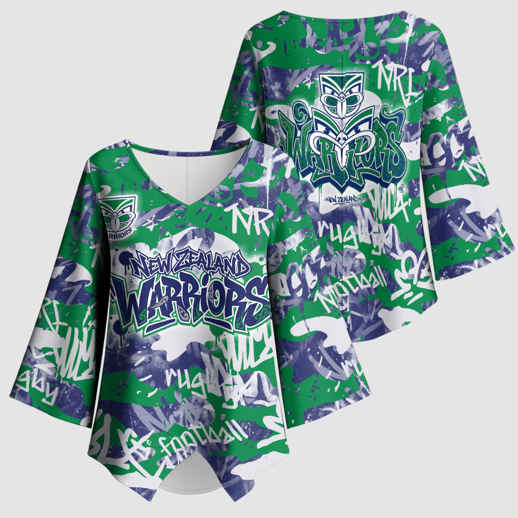 New Zealand Warriors Rugby Kimono Sleeve Blouse Graffiti Typography Urban Camo Abstract Street Style