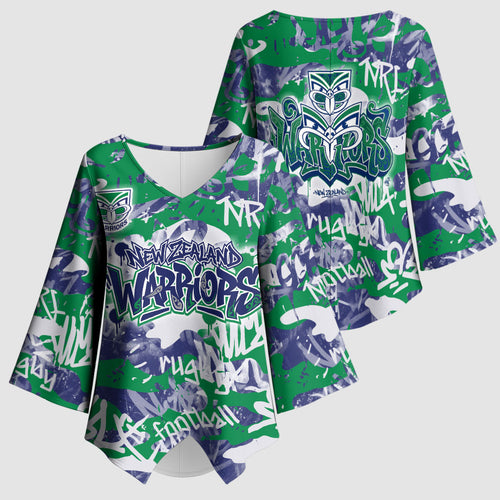 New Zealand Warriors Rugby Kimono Sleeve Blouse Graffiti Typography Urban Camo Abstract Street Style