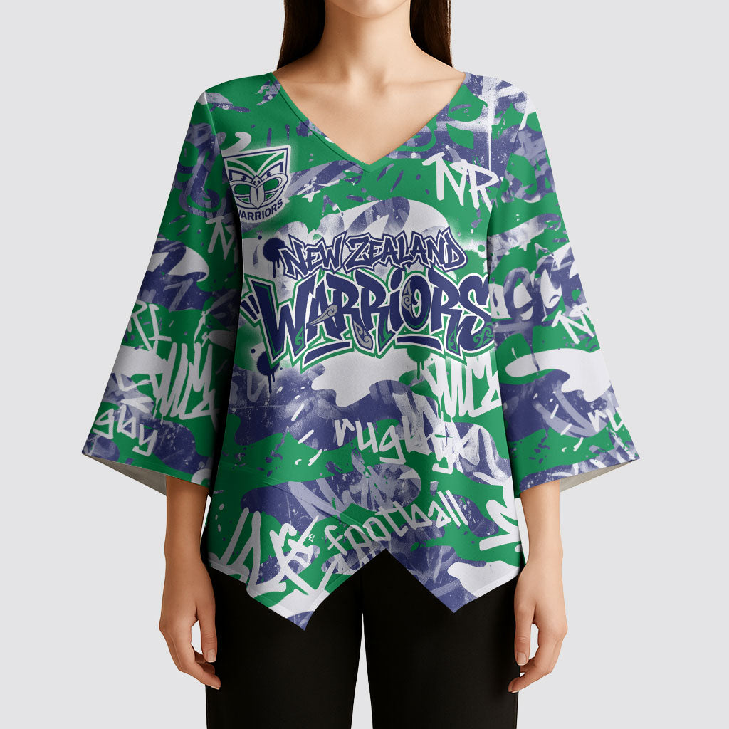 New Zealand Warriors Rugby Kimono Sleeve Blouse Graffiti Typography Urban Camo Abstract Street Style