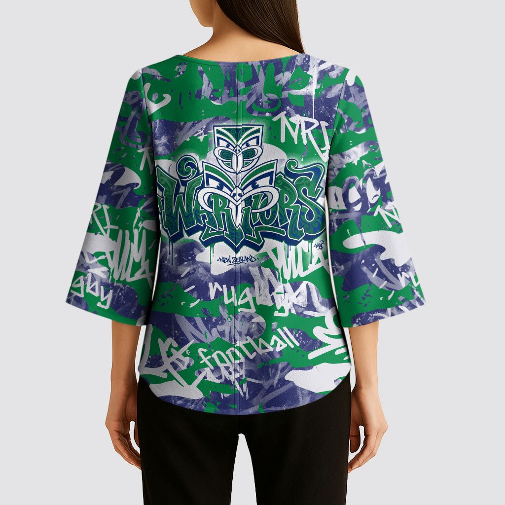 New Zealand Warriors Rugby Kimono Sleeve Blouse Graffiti Typography Urban Camo Abstract Street Style