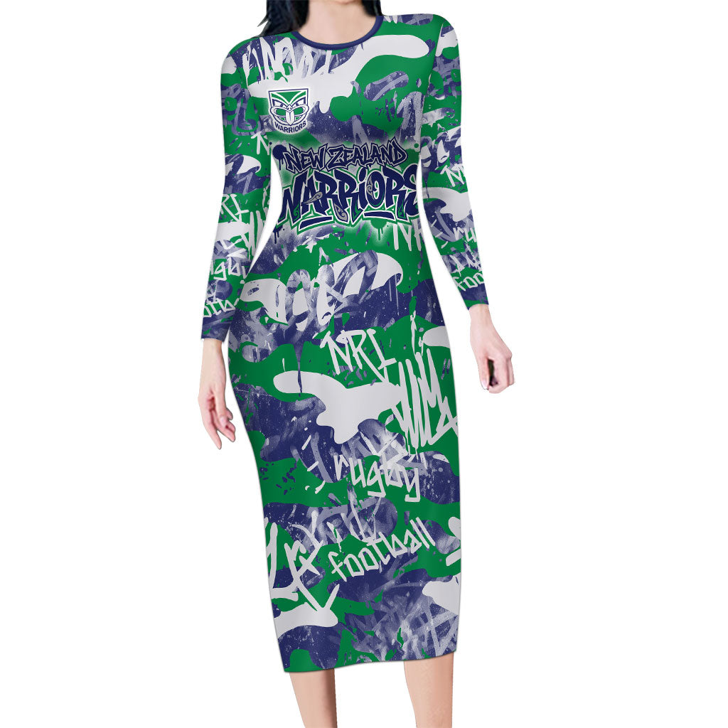 New Zealand Warriors Rugby Long Sleeve Bodycon Dress Graffiti Typography Urban Camo Abstract Street Style