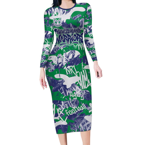 New Zealand Warriors Rugby Long Sleeve Bodycon Dress Graffiti Typography Urban Camo Abstract Street Style