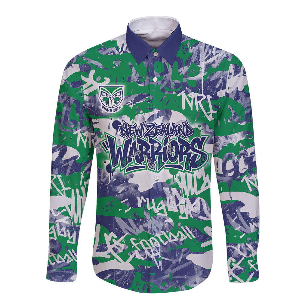 New Zealand Warriors Rugby Long Sleeve Button Shirt Graffiti Typography Urban Camo Abstract Street Style