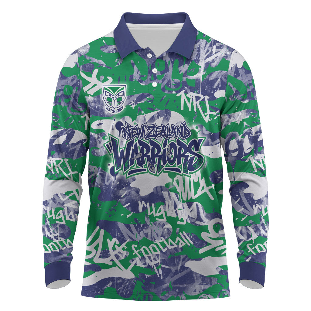 New Zealand Warriors Rugby Long Sleeve Polo Shirt Graffiti Typography Urban Camo Abstract Street Style