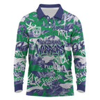 New Zealand Warriors Rugby Long Sleeve Polo Shirt Graffiti Typography Urban Camo Abstract Street Style