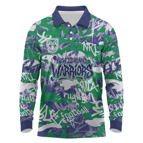 New Zealand Warriors Rugby Long Sleeve Polo Shirt Graffiti Typography Urban Camo Abstract Street Style