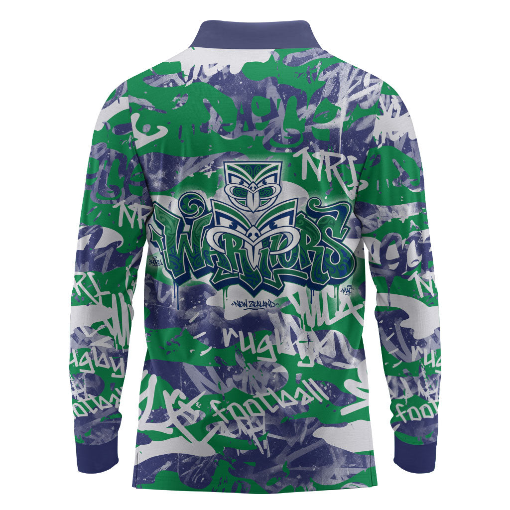 New Zealand Warriors Rugby Long Sleeve Polo Shirt Graffiti Typography Urban Camo Abstract Street Style