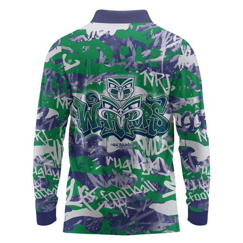 New Zealand Warriors Rugby Long Sleeve Polo Shirt Graffiti Typography Urban Camo Abstract Street Style
