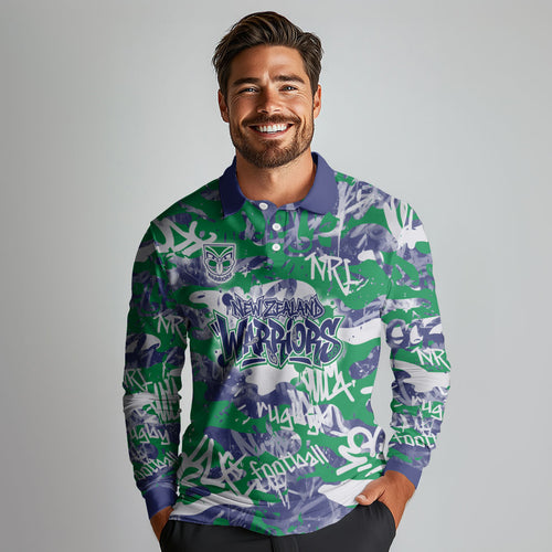 New Zealand Warriors Rugby Long Sleeve Polo Shirt Graffiti Typography Urban Camo Abstract Street Style