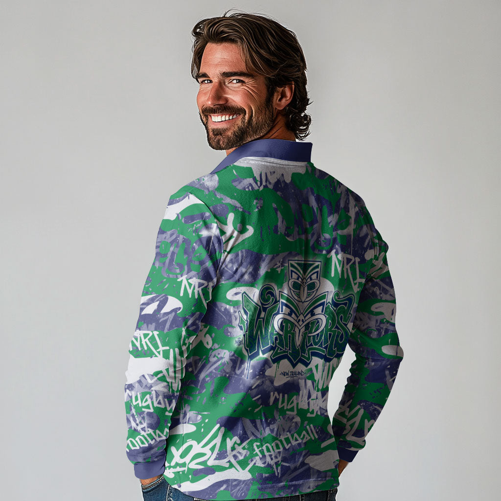 New Zealand Warriors Rugby Long Sleeve Polo Shirt Graffiti Typography Urban Camo Abstract Street Style