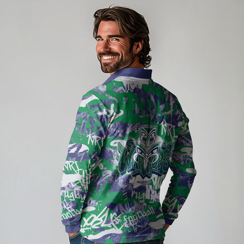 New Zealand Warriors Rugby Long Sleeve Polo Shirt Graffiti Typography Urban Camo Abstract Street Style