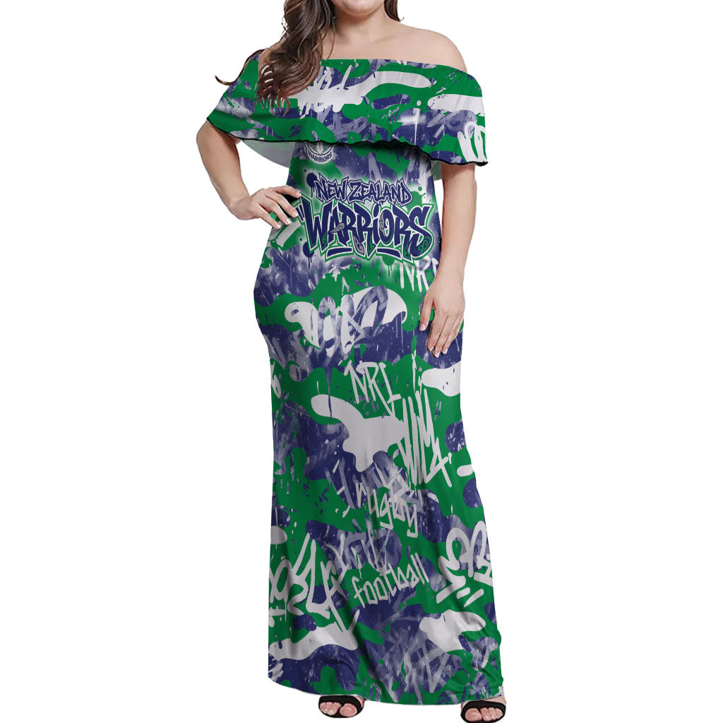 New Zealand Warriors Rugby Off Shoulder Maxi Dress Graffiti Typography Urban Camo Abstract Street Style