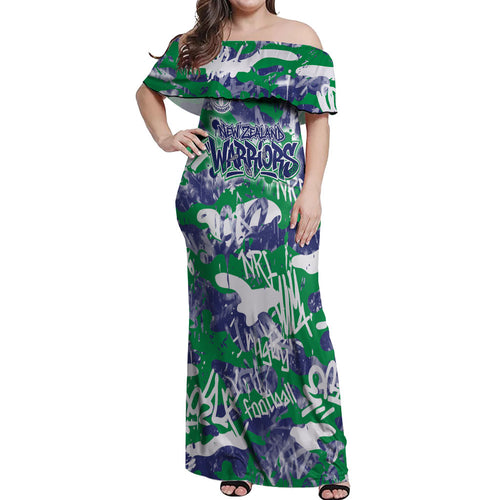 New Zealand Warriors Rugby Off Shoulder Maxi Dress Graffiti Typography Urban Camo Abstract Street Style