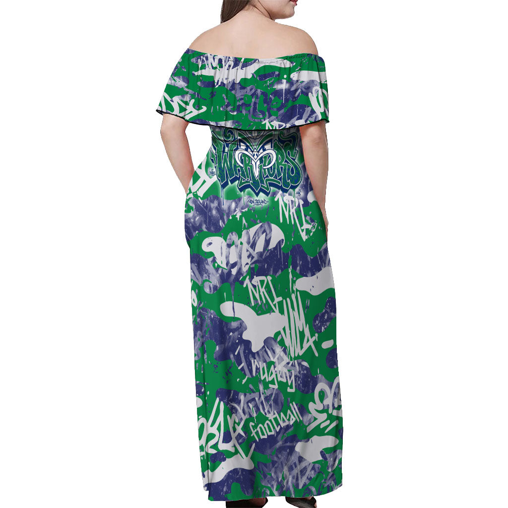 New Zealand Warriors Rugby Off Shoulder Maxi Dress Graffiti Typography Urban Camo Abstract Street Style