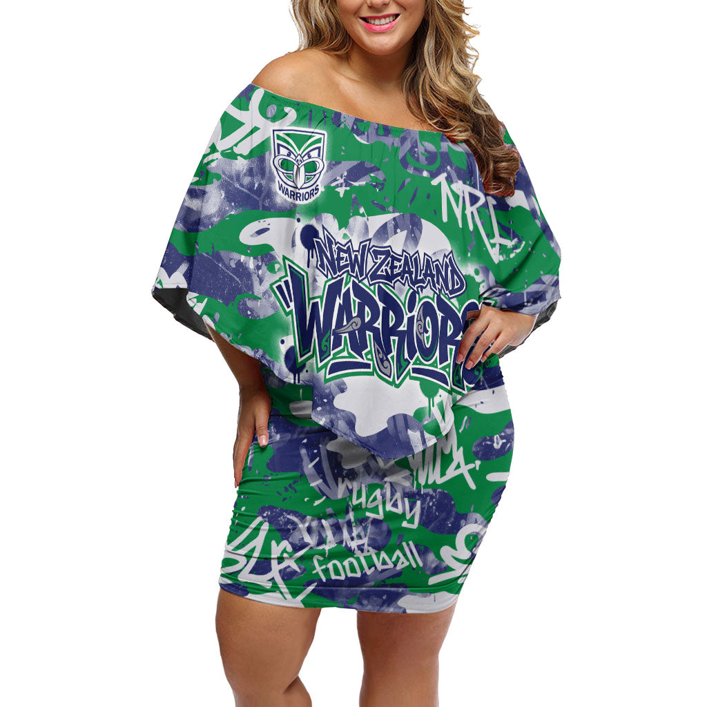 New Zealand Warriors Rugby Off Shoulder Short Dress Graffiti Typography Urban Camo Abstract Street Style