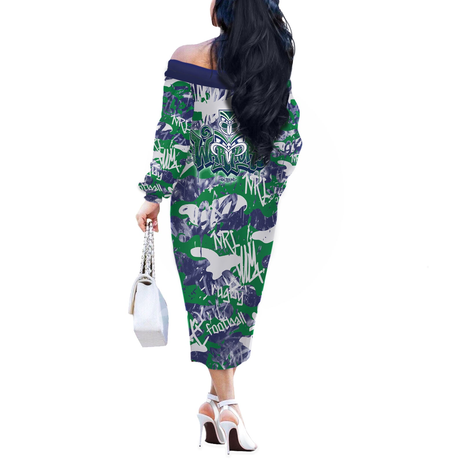New Zealand Warriors Rugby Off The Shoulder Long Sleeve Dress Graffiti Typography Urban Camo Abstract Street Style