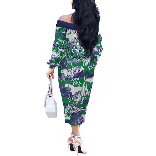 New Zealand Warriors Rugby Off The Shoulder Long Sleeve Dress Graffiti Typography Urban Camo Abstract Street Style