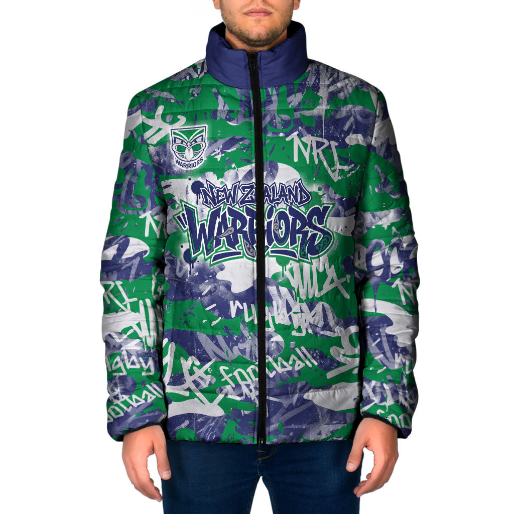 New Zealand Warriors Rugby Padded Jacket Graffiti Typography Urban Camo Abstract Street Style