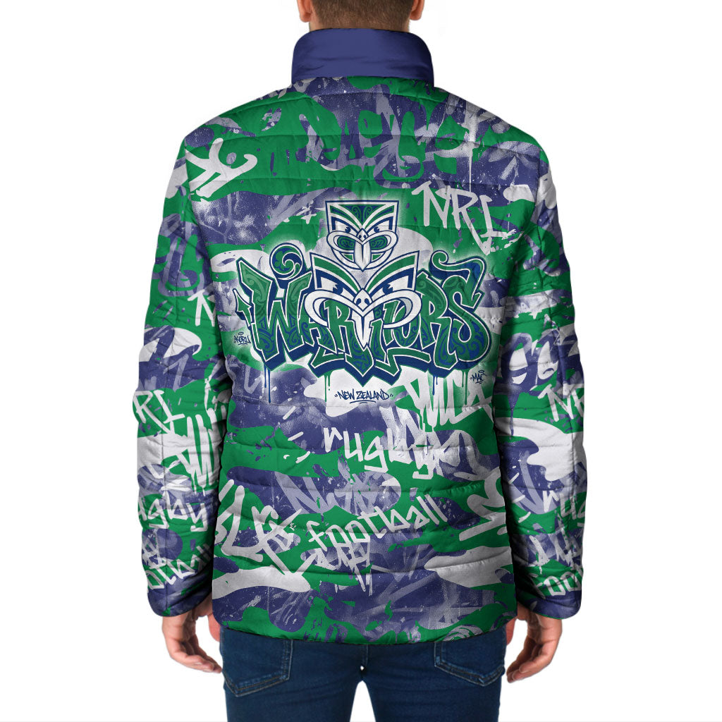 New Zealand Warriors Rugby Padded Jacket Graffiti Typography Urban Camo Abstract Street Style